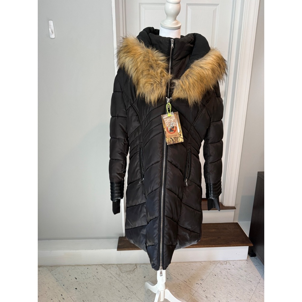 Celsius  Womens Black Puffer Parka Faux Fur Hood Double Zip Jacket 1XL NEW nwt
